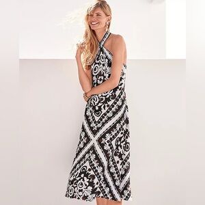 New Ann Taylor Linen Blend Halter Tie Printed Boho Sophisticated Midi Dress